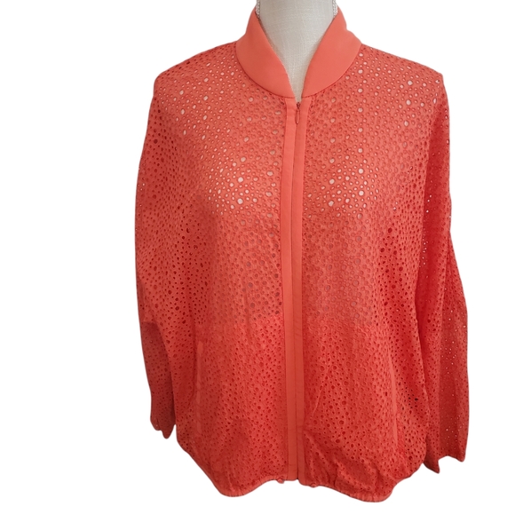 TIBI | Women's coral orange eyelet lace, zipper-front bomber jacket. Size small. - Picture 2 of 9